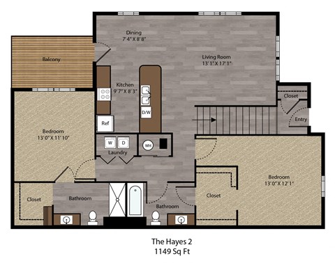 Floor plan for 2 beds, 2 baths, 1149 sqft